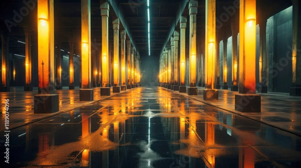 Fototapeta Dramatic warehouse interior with illuminated columns reflecting on a wet floor during the evening