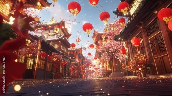 Fototapeta beautifully designed Chinese New Year street scene, where AI-generated red lanterns hang from every building