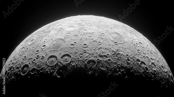 Fototapeta High-resolution image of the Moon's surface showcasing craters and textures, captured in black and white against a dark background.
