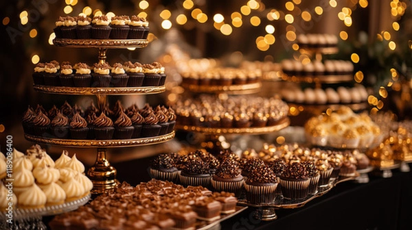 Fototapeta A black and gold wedding candy bar with an array of chocolates, cupcakes, and mini cakes on display under the glow of fairy lights at night. Commercial photograph, soft lighting, light background.