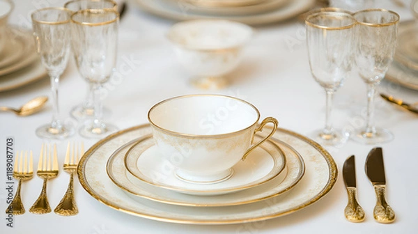 Fototapeta Elegant table setting with a luxurious and formal design ,  The plates feature a white and gold rimmed pattern , complemented by matching gold utensils , The centerpiece consists of fresh white plate 