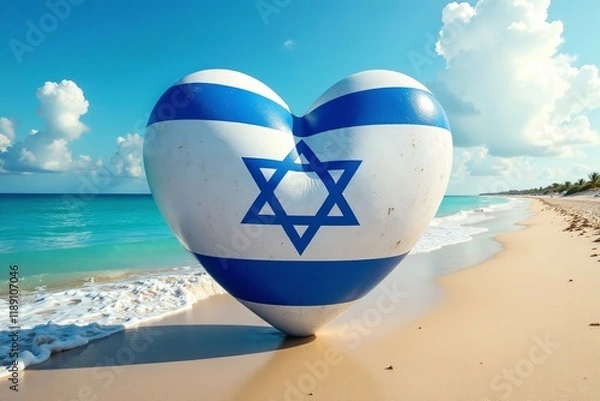 Obraz A heart-shaped object featuring the Israeli flag on a sandy beach by the ocean.