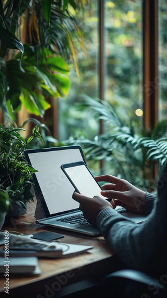 Fototapeta Close-up of hands holding a mobile phone with a blank white screen and a laptop on a table in the office, working online concept. Text space.