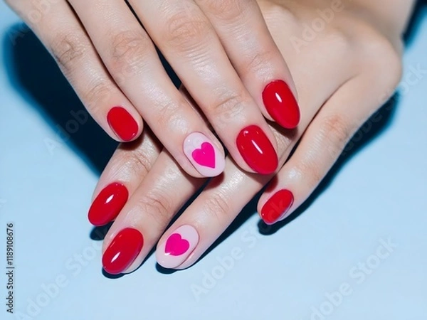 Obraz hands with red manicure, nails with hearts