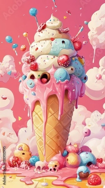 Fototapeta A Giant Melted Ice Cream Cone With Candy