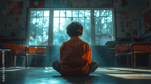 Fototapeta picture a lonely kid isolated from the class, sitting in the corner as punishment hyper realistic, soft shadows, no contrast, clean sharp focus, cinematic lighting, muted tones