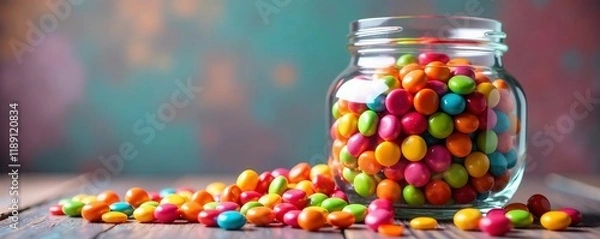 Fototapeta Colorful candy scattered from a jar, creating a vibrant tabletop scene.