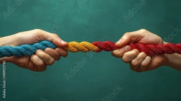 Fototapeta Two hands pulling a multi-colored rope in a tug-of-war.