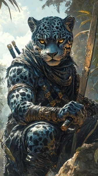 Fototapeta Illustration - Jaguar Warrior in Jungle Setting