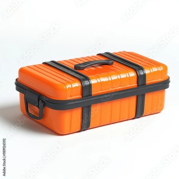 Fototapeta Bright breakfast box with safe black straps, with a durable design, insulated on white background.