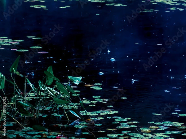 Fototapeta Abstract Lily Pads and Raindrops on Pond Water 