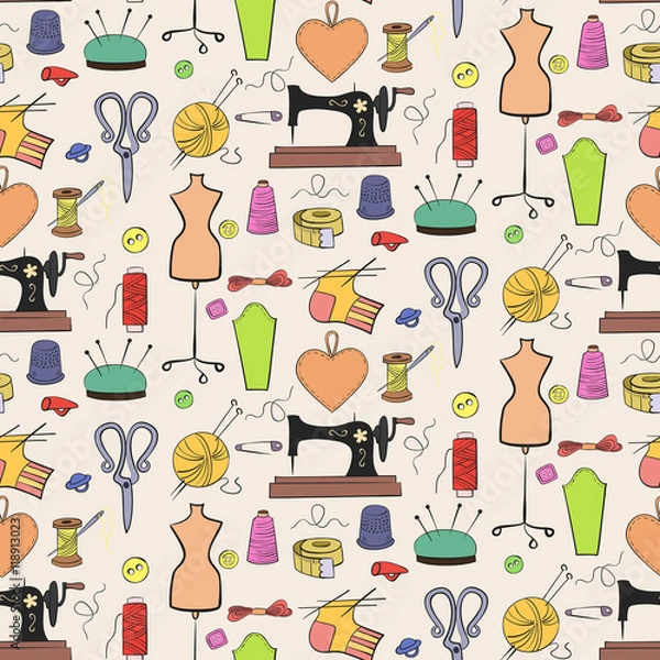 Obraz Seamless pattern of knitting, sewing and needlework  icons.