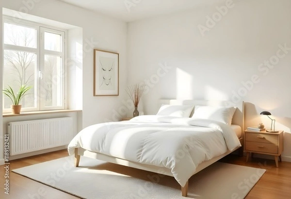 Fototapeta A minimalist bedroom with a large white bed, wooden side tables, and a framed artwork on the wall. The room has a warm, natural color palette and plenty of natural light coming in through the windows.