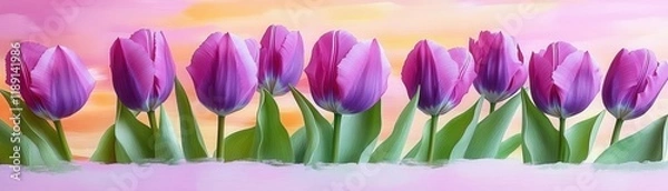 Fototapeta Painting of purple tulips in a vase on a wooden table with soft natural light valentine day