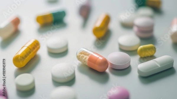 Fototapeta assorted colorful pills and capsules scattered on light surface background with shallow depth of field copyspace concept of pharmaceuticals medicine pharmacy