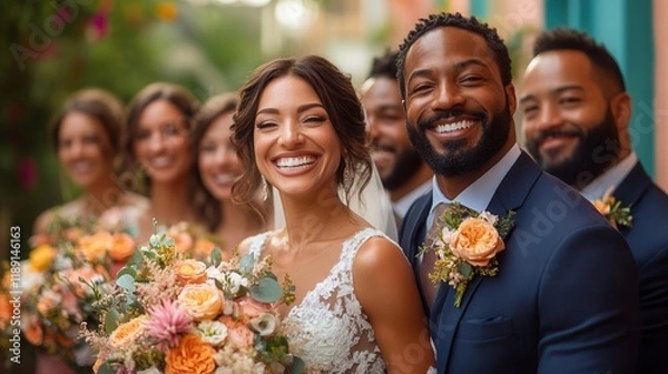 Fototapeta A joyful wedding scene featuring a smiling bride in an elegant lace gown, a cheerful groom in a sharp suit, and their wedding party holding vibrant floral bouquets in a colorful outdoor setting.