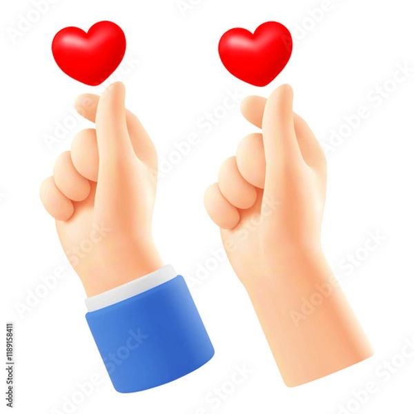 Obraz Hand gesture love with red heart. Korean finger heart sign, for web, banner, poster, print, Valentine's day, wedding, other life event. 3D realistic, Isolated on white background. Vector illustration