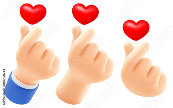 Obraz Hand gesture love with red heart. Korean finger heart sign, for web, banner, poster, print, Valentine's day, wedding, other life event. 3D realistic, Isolated on white background. Vector illustration