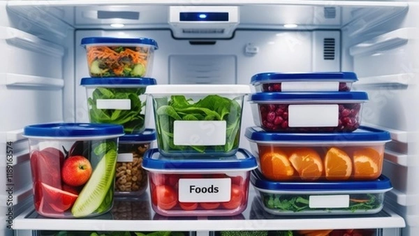 Obraz A well-organized refrigerator filled with labeled containers of fresh produce, fruits, and salads, promoting healthy eating and efficient storage.