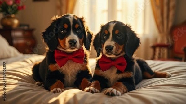 Fototapeta Charming puppy duo in red bows relaxing on a sunlit bed