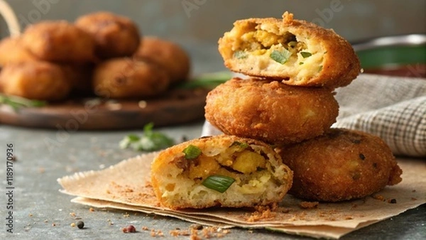 Fototapeta Enjoying a delicious stack of batata vada served with chutney at a bustling street food stall in India