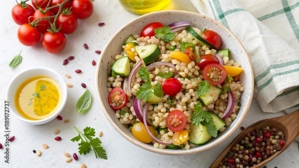 Fototapeta Vibrant barley salad with fresh vegetables and herbs arranged in a colorful bowl