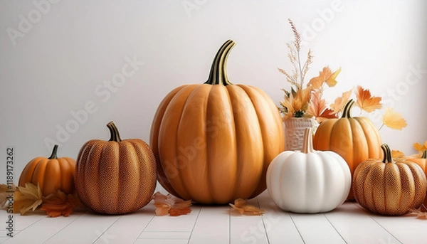 Fototapeta happy thanksgiving in modern minimalism style for holiday background with pumpkins on white backdrop