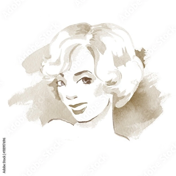 Fototapeta Blonde woman. Beautiful female face. Watercolor.  Retro style
