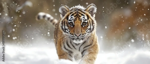 Fototapeta a tiger cub walking in the snow