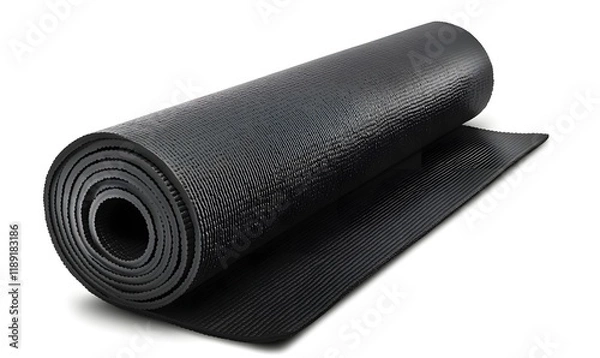 Fototapeta Rolled black exercise mat isolated on white.