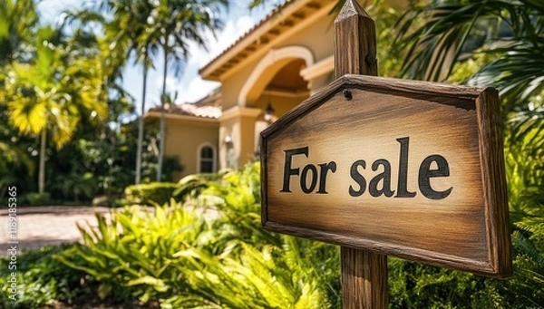 Obraz A beautifully landscaped mansion showcases a for sale sign amidst lush greenery and vibrant flowers. The property features classic architecture and well-maintained grounds under a clear sky