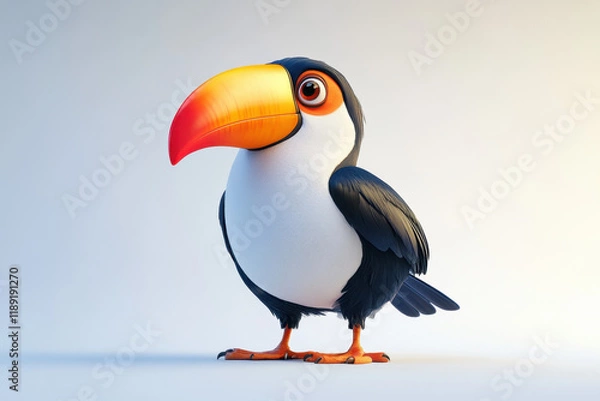 Obraz A cute toucan bird with a colorful beak and striking plumage poses against a pristine white background. Its playful expression adds to its charm, making it an appealing sight.