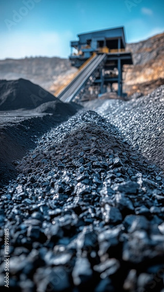 Fototapeta The mining site of coal, with large piles of raw ironwood and gravel on the left side of an elevated conveyor belt that leads to another building in front of it. The background is a blue sky. High-res
