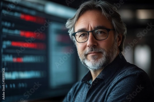 Obraz Portrait of a confident senior software developer working on computer analyzing source code with errors displayed on screen