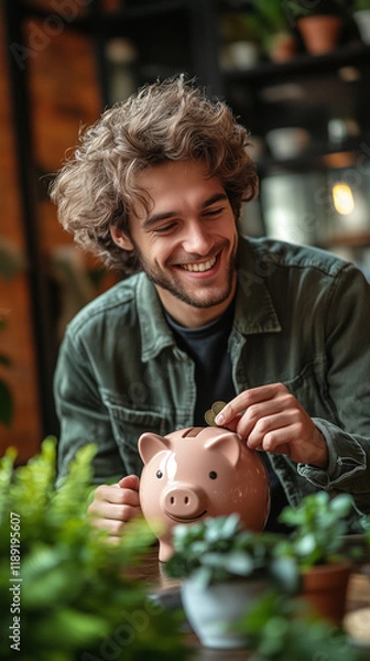Fototapeta Young man putting coin into piggy bank at home, smiling, happily while sitting in modern living room with green plants on table.