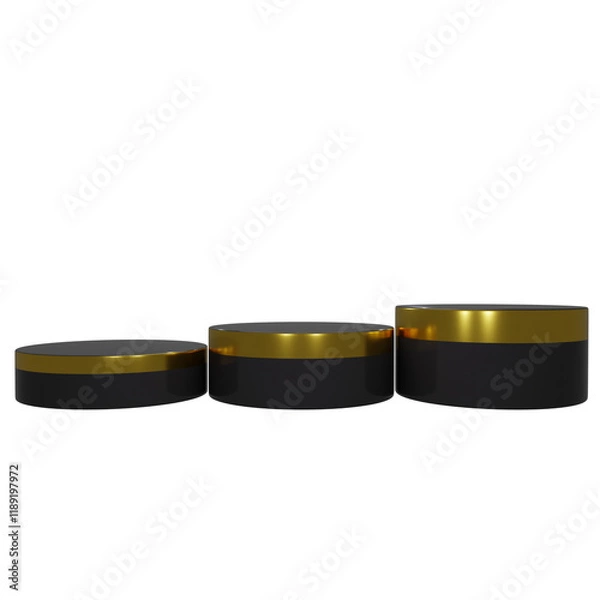 Fototapeta 3d render of three black podiums with shiny golden accent