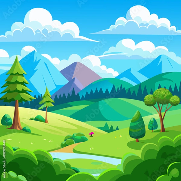Fototapeta A cartoon landscape with green rolling hills, trees, a blue sky with white clouds, and distant mountains 