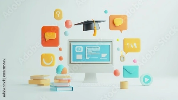Fototapeta AI-Driven Education Concept with Various Icons Like Chat Bubbles

