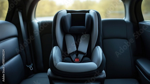 Fototapeta Empty car seat for toddler in modern car. Safe, family friendly car interior. Modern car seat for baby shown. Vehicle interior looks comfortable. Photo shows protective features. Focus on safety.