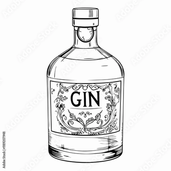 Fototapeta Gin bottle with vintage label in black and white sketch