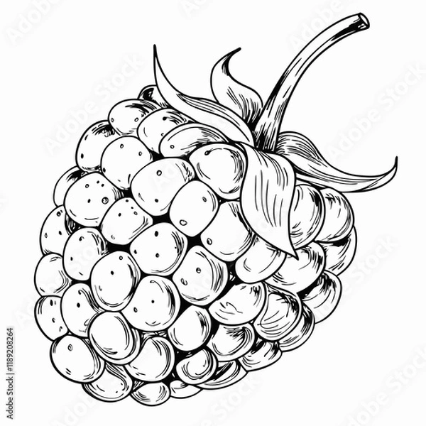 Fototapeta Single raspberry close-up, black and white illustration