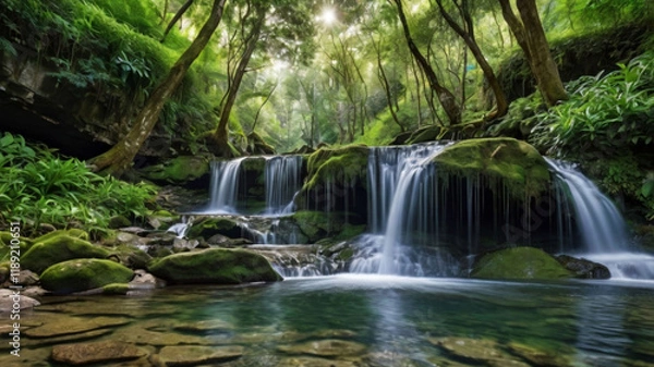 Obraz a secluded waterfall cascading down the side of a hill,ai