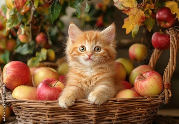 Fototapeta A fluffy orange kitten sits comfortably in a round wicker basket filled with colorful apples. The warm atmosphere and nearby autumn leaves enhance the charming scene.