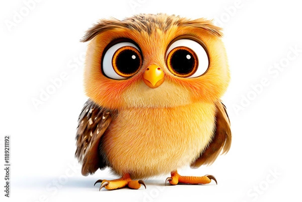 Fototapeta A small, fluffy owl with oversized, expressive eyes stands on its feet. Its feathers are soft and warm, showcasing shades of brown and orange. This adorable creature gazes curiously ahead