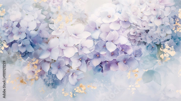 Fototapeta Delicate hydrangea flowers painted in soft pastel tones with gold accents

