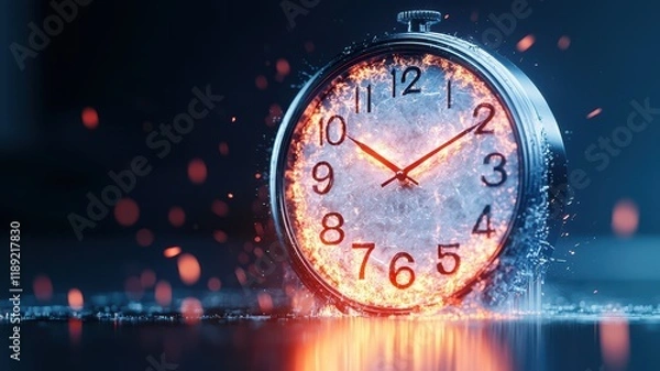 Fototapeta A silver clock surrounded by water and sparks, symbolizing the passage of time in a dynamic and visually striking manner.