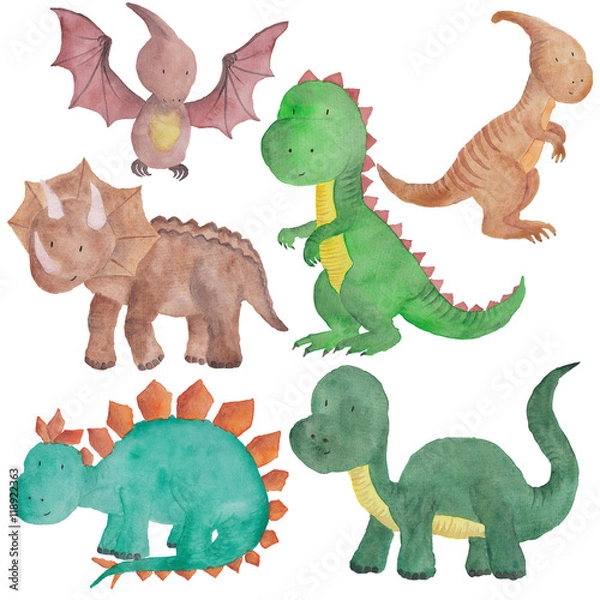 Fototapeta Dinosaur Watercolor Hand painted illustration Isolated Kids Baby Dino Painting 