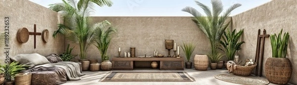 Fototapeta Cozy Outdoor Lounge with Rustic Decor and Lush Greenery for Relaxation and Gatherings