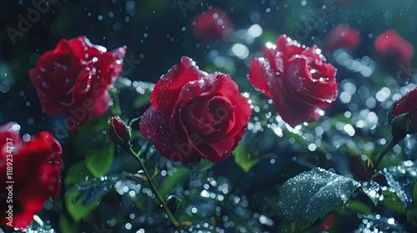 Fototapeta A close-up of vibrant red roses in a dew-covered garden