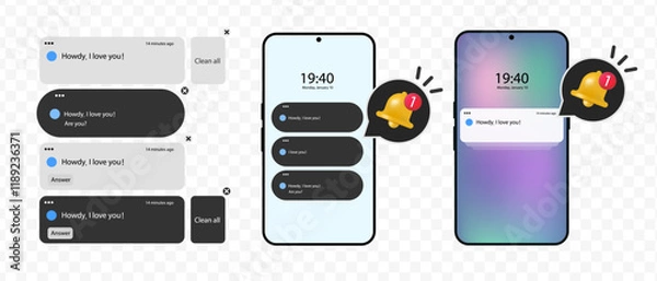 Fototapeta Notification screen UI. Push notification. SMS notification on the screen of the smartphone. Sms popup. Message exchange	
